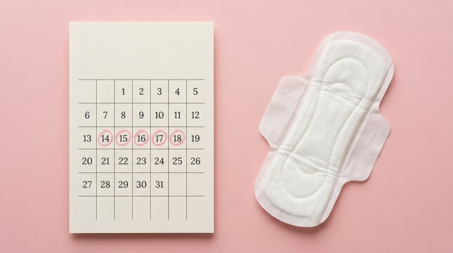 Menstrual cycle tracking calendar with a feminine sanitary napkin on a pink background representing women reproductive health and period care