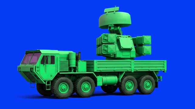 High-detail 3D model of a green military surface-to-air missile defense system truck with radar dish, set against a solid bright blue background. Great for military documentaries, warfare video editin