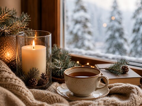 Cozy winter morning with hot tea and candlelight. Warm holiday hygge scene featuring hot beverage, soft blanket, and festive decor.