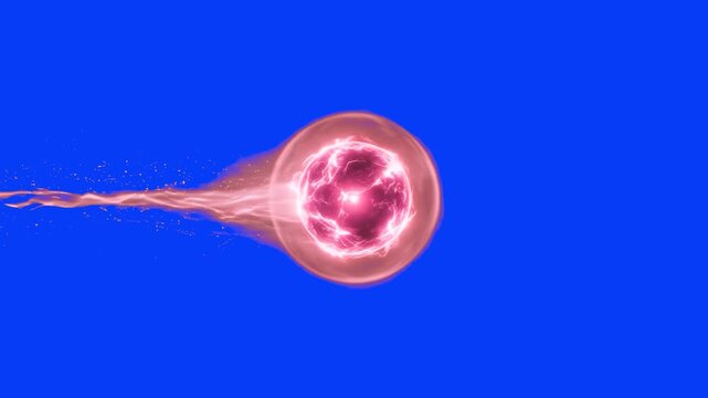 Vibrant 3D VFX model of a burning red energy plasma ball with a bright flame trail, set against a solid blue background. Perfect for fire magic spells, anime attack VFX overlays, action movie composit