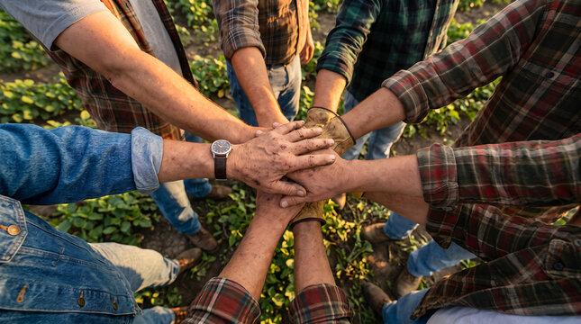 Group of farmers joining hands together in a circle top view close up in agricultural crop field demonstrating teamwork and partnership