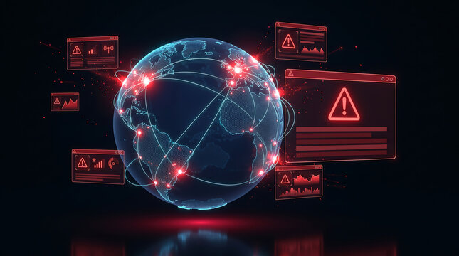 Global cybersecurity threat digital network earth globe with red alert popup windows warning system malware attack and data breach concept