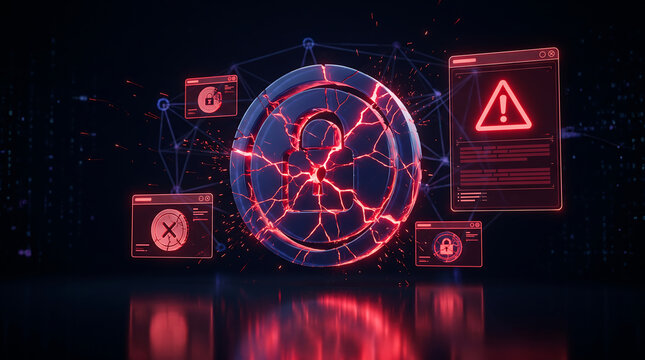 Cybersecurity breach concept with cracked padlock coin icon red warning system error popup alert windows and digital data security threat