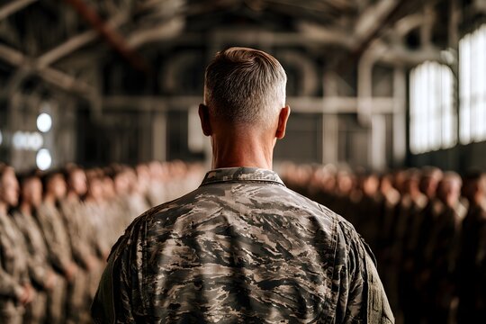 Military officer from behind standing before soldiers in formation, army commander leading troops in hangar, soldier in camouflage uniform