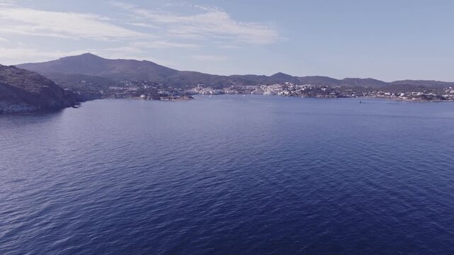 Aerial views of a small Spanish coastal town in the north eastern territory of Catalonia. Cadaques, Spain
