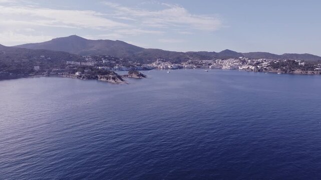 Aerial views of a small Spanish coastal town in the north eastern territory of Catalonia. Cadaques, Spain