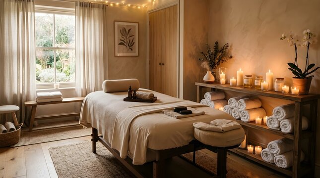 Massage room with a large window and a white towel in a peaceful spa wellness setting