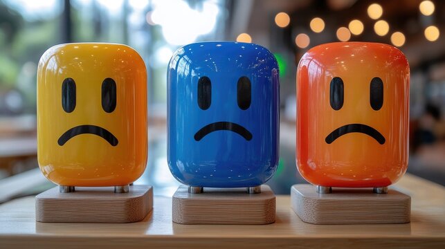 Three colorful smiley face mood indicators showing sad or unhappy expressions on a wooden table, concept of customer feedback and emotions.