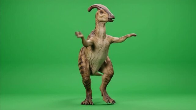 Parasaurolophus dinosaur dancing on a green screen chroma key studio backdrop