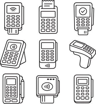 A collection of black and white line art icons depicts various electronic payment.