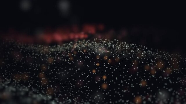 3D Render A mesmerizing, abstract visualization featuring dynamic, undulating luminous particles moving gently across a deep, dark background