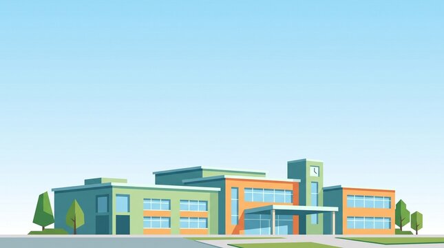 学校校舎を下辺に配置したフラットグラデーション背景です。
空色のグラデーションが明るく爽やかな教育イメージを演出します。