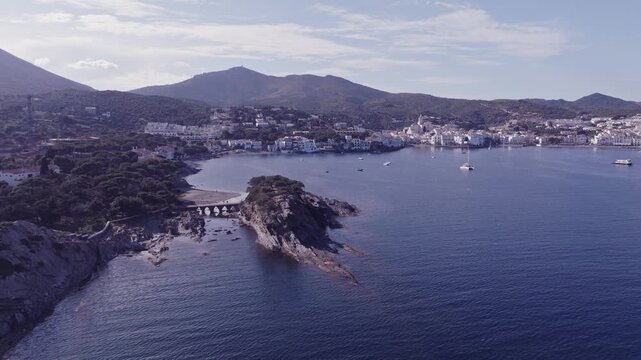 Aerial views of a small Spanish coastal town in the north eastern territory of Catalonia. Cadaques, Spain