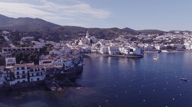 Aerial views of a small Spanish coastal town in the north eastern territory of Catalonia. Cadaques, Spain