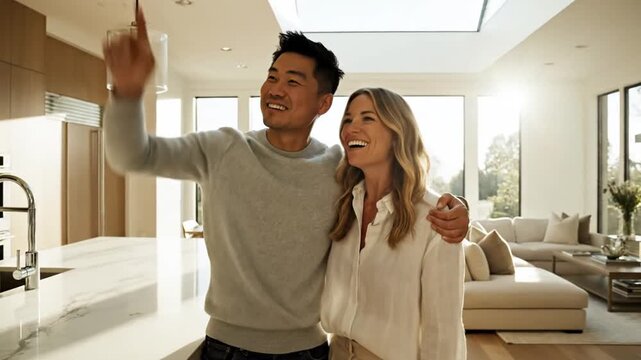 Happy couple looking at their new modern luxury home interior