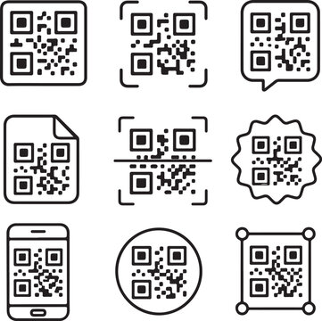 A collection of various black and white line art icons featuring different QR code designs.
