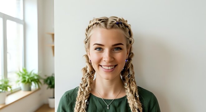 Smiling young woman with blonde braided hair wearing green shirt, standing indoors near window with plant, portrait for lifestyle and professional use.