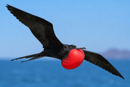 Magnificent frigatebird in flight, red throat pouch inflated against blue sky.
