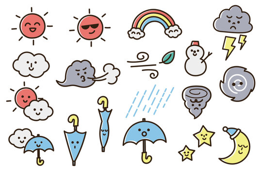 お天気の手描きのかわいい顔つきアイコンイラストセット