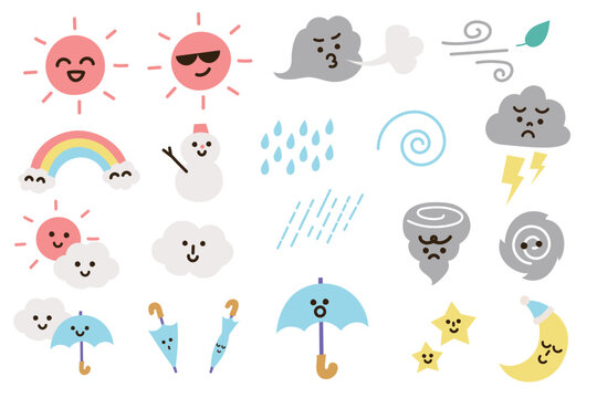 天気や気候のかわいいフラット手描きイラストセット