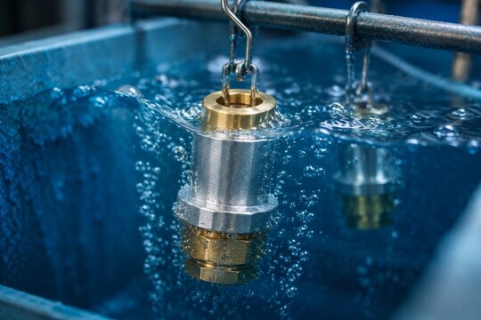 A brass component submerged in a blue electroplating bath, bubbles rising.