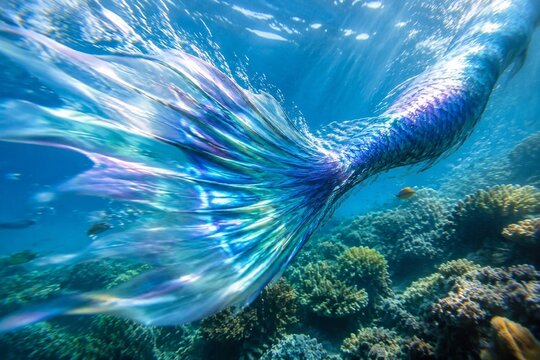 Shimmering iridescent fish tail moving through sunlit ocean water above a coral reef.