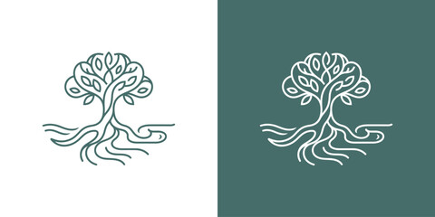Fototapeta premium Minimalist Linear Tree Logo Design Featuring Intertwined Roots and Branches in Elegant Outline Style for Organic Branding Concepts