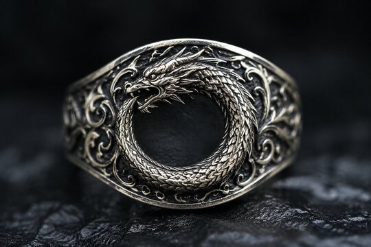 An antique silver ring with an engraved dragon design forming an ouroboros.