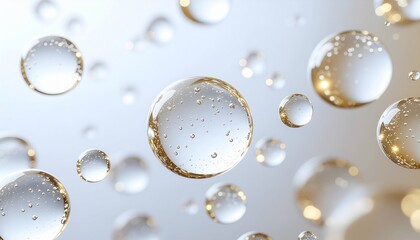 Fototapeta premium Luxury Serum Bubbles with Golden Highlights｜金色の光をまとった透明な美容液バブルの背景