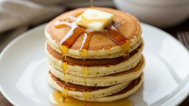 A stack of golden pancakes topped with melting butter and pouring syrup