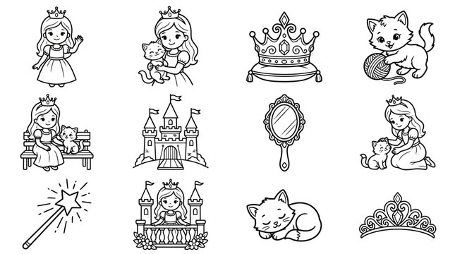 Cute Princesses and Kittens Cartoon Icons Set