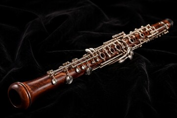 Fototapeta premium A wooden oboe with silver keys on black velvet.