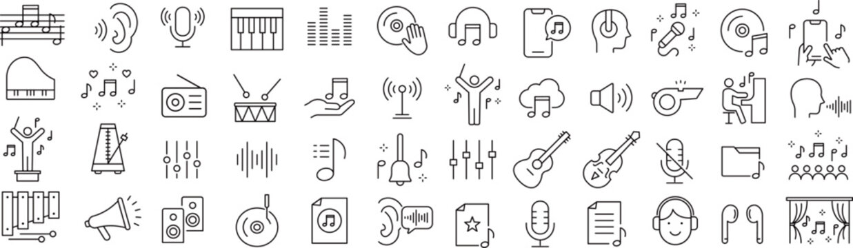 ベクターでモノクロの音に関する線画アイコンセット
