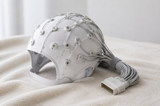 Modern medical electrode cap with bundled wires on a soft surface.