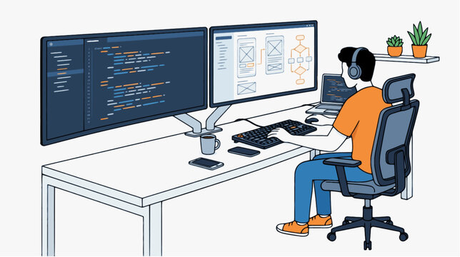 Flat Vector Illustration of a Modern Programmer Working on Dual Monitors