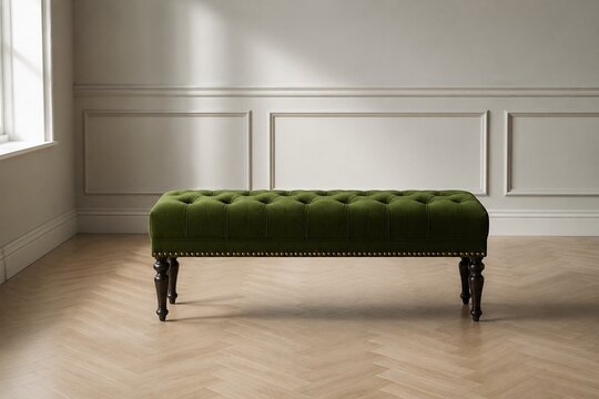 Green velvet bench with tufted details in an empty, softly lit room.