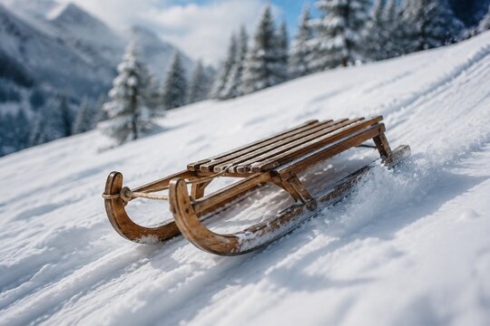 A wooden toboggan sliding down a snowy slope, leaving smooth tracks in fresh white snow, cinematic winter scene.
