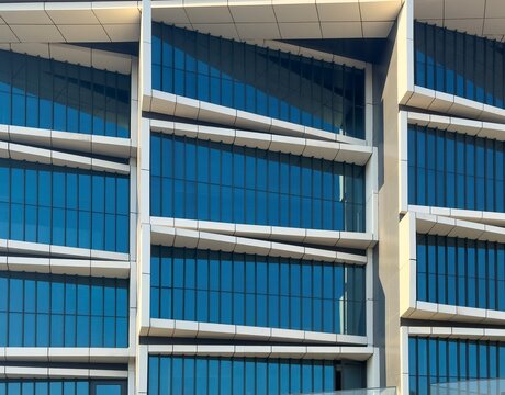 Modern glass building facade with blue window panels