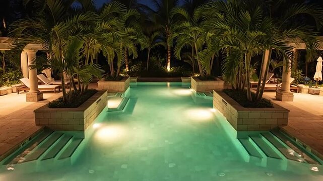 A serene swimming pool area illuminated at night with lush tropical palm trees