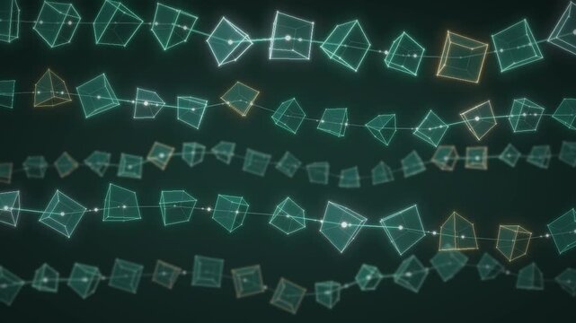 Blockchain cubes glowing wireframe blocks linked in a digital data network seamless loop in soft emerald tones