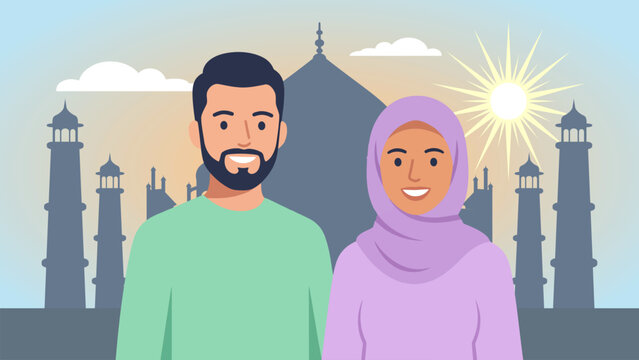 Modern Muslim couple with mosque and sunrise backdrop representing faith, togetherness, family values, Islamic culture, community harmony, and peaceful living.