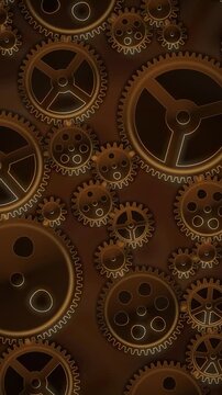 Interlocking Metal Gears Rotating Clockwork Mechanism Background Seamless Loop in bright copper tones vertical 9:16