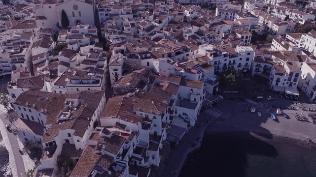 Aerial views of a small Spanish coastal town in the north eastern territory of Catalonia. Cadaques, Spain