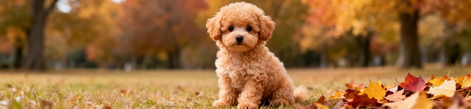 Apricot poodle in autumn park with colorful leaves. Wide panoramic web banner with copy space. Pet care website header background