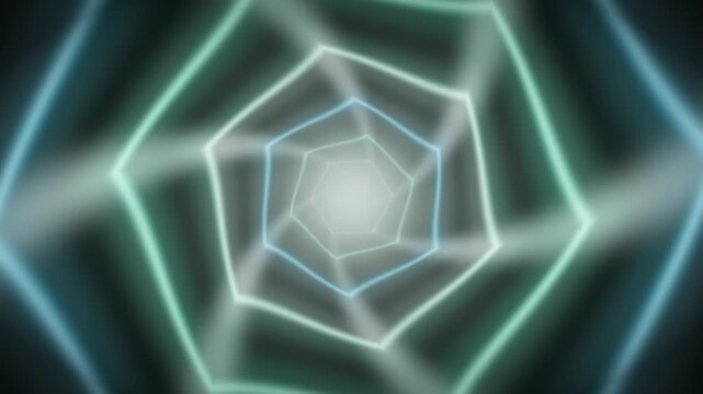 Geometric neon tunnel flythrough concentric polygon rings vanishing point seamless loop in vibrant emerald tones