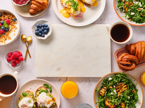 Brunch spread with savory and sweet delights