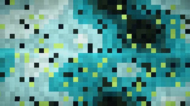 Digital glitch transition with RGB split, blocky displacement and static noise bursts, seamless loop in subtle lime tones