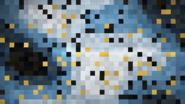 Digital glitch transition with RGB split, blocky displacement and static noise bursts, seamless loop in cool amber tones