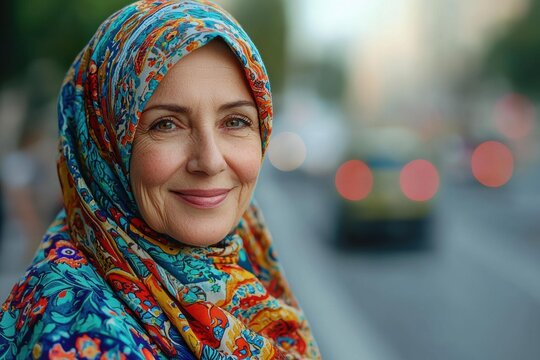 A woman wearing a colorful hijab smiles while looking at the camera, with a blurred background of city lights and a car. AI.