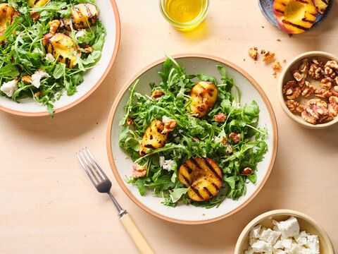 Brunch with grilled peach and arugula salad